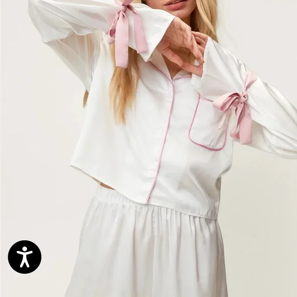 Women's White and Pink Bow Matching Pajama Set - Picture 1 of 3